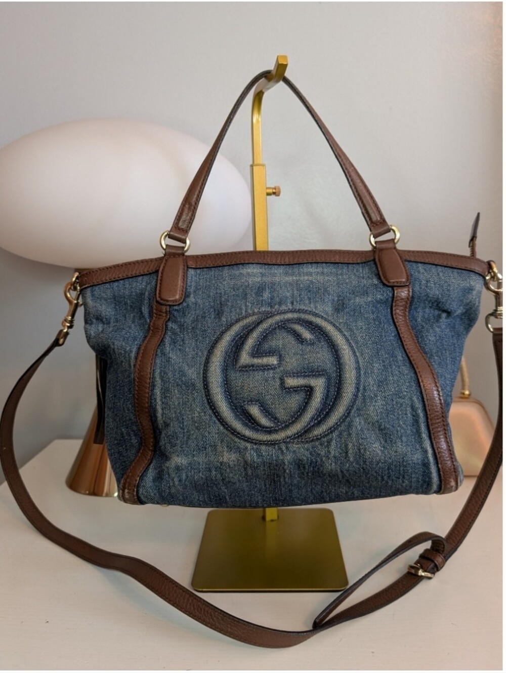 Gucci Denim Soho Two-Way Shoulder ToteBag with Brown Leather Trim